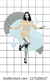 Creative graphics collage of cheerful lady black white visual effect paper page instead of body isolated checkered plaid background