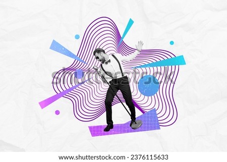 Creative graphics collage image of cool carefree guy singing vintage microphone isolated white color background