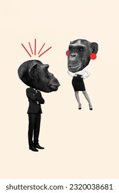 Creative graphics collage image of funky working colleagues chimp heads communicating isolated beige color background - Shutterstock ID 2320038681