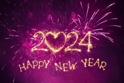 Creative Greeting Card Happy New Year 2024. Beautiful Holiday Web Banner With Sparkling Congratulation Text Happy New Year 2024 On Purple Fireworks Background.