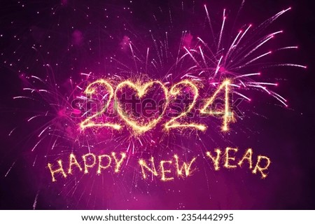 Creative Greeting card Happy New Year 2024. Beautiful holiday web banner with sparkling congratulation text Happy New Year 2024 on purple fireworks background.