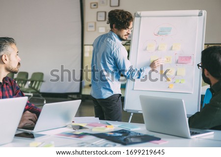 Creative group discussing and analyzing flowchart on board in meeting room. Business colleagues in casual working together in contemporary office space. Team meeting concept