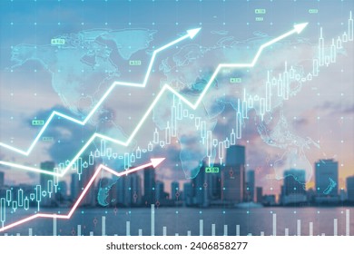 Creative growing upward chart, map, arrows and forex graph on blurry city backdrop. Global trends, real estate, trading and finance concept. Double exposure