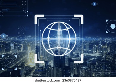 Creative hacking interface on blurry night city background. Code window high tech UI and spyware concept. Double exposure