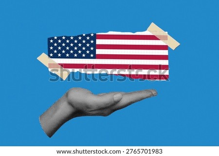 Creative halftone collage of a hand holding the USA flag, symbolizing Independence Day celebration. Patriotic concept with stars and stripes and festive July 4th mood. Artistic mixed media style combining sketch, texture, and modern graphic elements. Ideal for themes of freedom, patriotism, national holiday, and American pride.