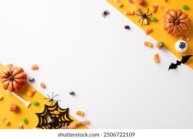 Creative Halloween arrangement featuring pumpkins, candy corn, and decorative items on a vibrant background evoking a festive and spooky mood - Powered by Shutterstock