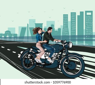 creative hand drawn collage and couple riding motorcycle together