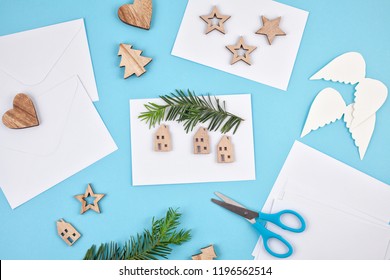 Creative Hobby Mockup. DIY Christmas Greeting Cards And Decoration. Process Of Making Handmade Christmas Invitations Or Cards