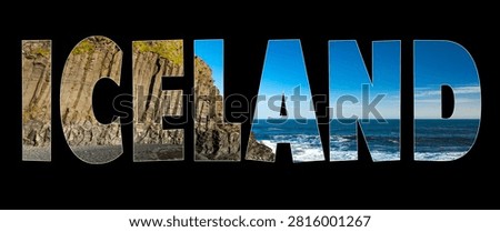 Creative Iceland typography featuring bold uppercase letters filled with dramatic basalt columns, rugged volcanic cliffs, and the deep blue North Atlantic Ocean. Modern travel-inspired word art isolated on a black background, ideal for tourism, destination branding, travel advertising, posters, websites, brochures, and promotional design.
