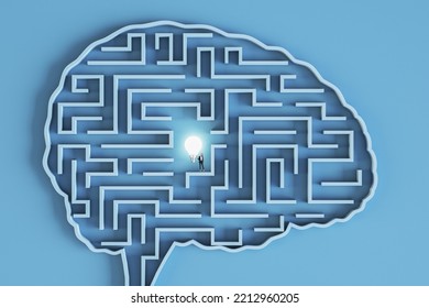 Creative idea and artificial intelligence concept with woman switching on light bulb in labyrinth in form of human brain on blue background