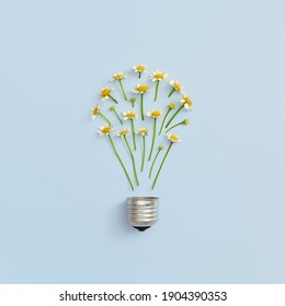 Creative idea with bulb and wild flower. Abstract floral bulb on pastel blue background. Energy technology and floral nature concept