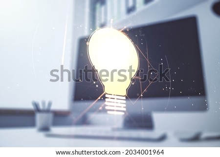 Creative idea concept with light bulb illustration and modern desktop with computer on background. Multiexposure