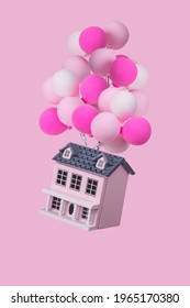 Creative idea with a house with a lot of colorful balloons flying in the air. Minimal concept for advertising, marketing or artwork design.