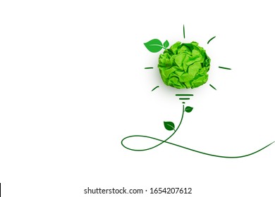 Creative Idea, Inspiration, New Idea And Innovation With Corporate Social Responsibility (CSR) Concept, Green Crumpled Paper Light Bulb On White Background.