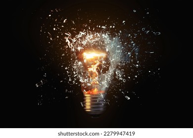 Creative idea light bulb explodes with shards of glass against a dark background. Business, ideas and new thinking, concept. Think Different. Go beyond what is possible. - Shutterstock ID 2279947419