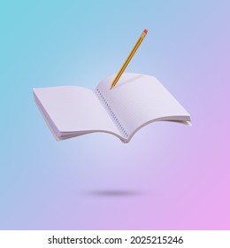 Creative idea made from a notebook and a pen floating in the air. Pen is writing in a notebook while levitating on background illuminated by a blue and pink color gradient. Minimal, conceptual art. 