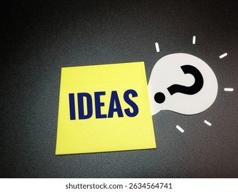 Creative Ideas Concept with Yellow Note and Question Mark Light Bulb on Black Background – Innovation, Brainstorming, and Business Thinking Symbol. 