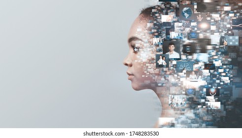 Creative ideas, knowledge and skills of person in social network. Profile african american girl overlap a lot of photos, isolated on gray background - Shutterstock ID 1748283530