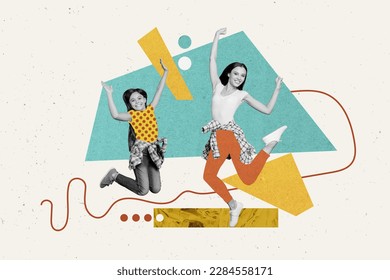 Creative illustration 3d collage advertisement young mother parent jumping with daughter shopping season isolated on drawn background - Powered by Shutterstock