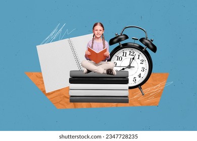 Creative illustration composite photo collage of young clever adorable girl sit on book learn homework isolated on drawing background