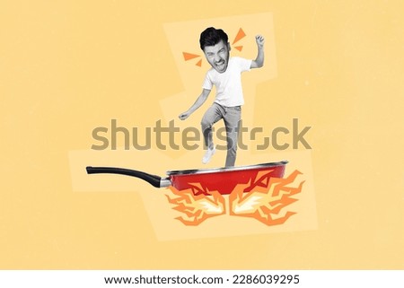 Creative illustration photo collage of angry mad person shouting yell stand on burning frying pan isolated on beige color background