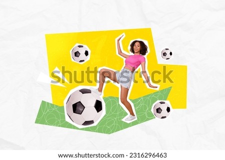 Creative illustration picture poster image collage of positive girlfriend play kick big size ball on green lawn isolated drawing background