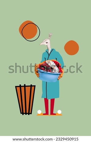 Creative image artwork collage of weird unusual strange hold bucket dirty garment housework cleaning isolated on painted background