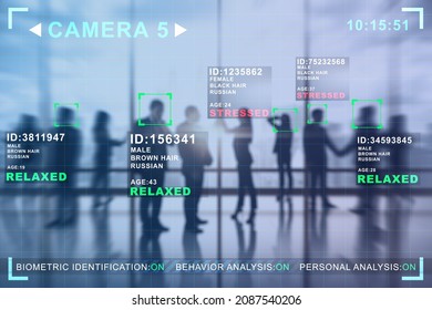 Creative image of businesspeople in blurry office interior with camera cctv facial recognition interface. Biometric scanning and security concept. Double exposure.