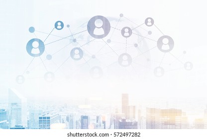 Creative image of cityscape and abstract globe with connected hr icons. Global network concept