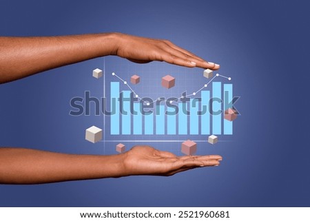 Creative image collage human hands palms 3d figures geometric elements statistics charts vr simulation drawing background