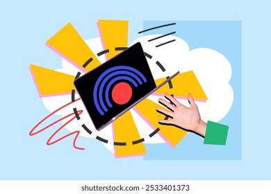 Creative image collage laptop computer screen internet network connection wifi hotspot broadcast wireless 5g modern technology