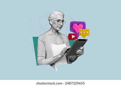 Creative image collage mature woman browse tablet digital device social media blogger textbox phrase reply message youtube video player - Powered by Shutterstock