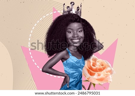 Creative image collage smiling pretty girl royal crown princess flower blossom holiday graduation party march womens day drawing background