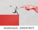 Creative image collage young man platform runner hurry hand body fragment pointing showing finger gesture nonverbal drawing background