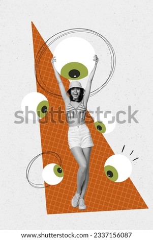 Creative image drawing collage of funky young woman summertime wear panama hold green eyeball spying isolated on white orange background