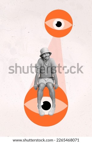 Creative image drawing collage of young guy sitting surreal eyeball cyber security person identification concept