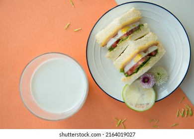 Creative image. Fried egg sandwiches with hot milk for breakfast - stock photo