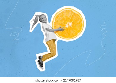 Creative image of funny excited black white gamma pupil jump hold hands orange isolated on drawing blue background