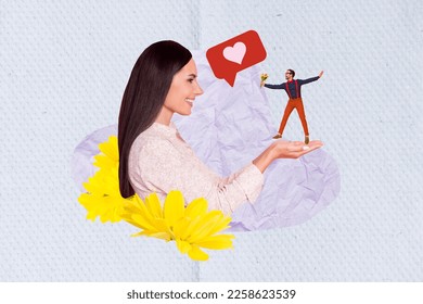 Creative image greeting picture photo collage postcard beautiful happy lady receive flowers isolated drawing background
