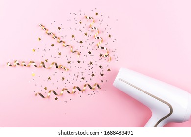 Creative Image Of A Hair Dryer Blow Up Colorful Confetti. Flat Lay, Top View. 