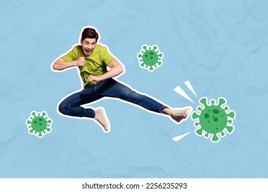 Creative image of jumping crazy guy leg kick virus influenza bacteria isolated on painted background - Shutterstock ID 2256235293