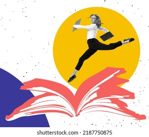 Creative Image With Jumping Office Worker Over Abstract Background. Contemporary Art. Concept Of Studying, Reading, Culture, Education. Psychology Of Knowledge, Broadening One's Horizons, Frames