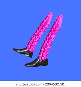 Creative image of large neon colored pink cactus walking in men's shoes isolated over blue background. Vibrant colors and objects