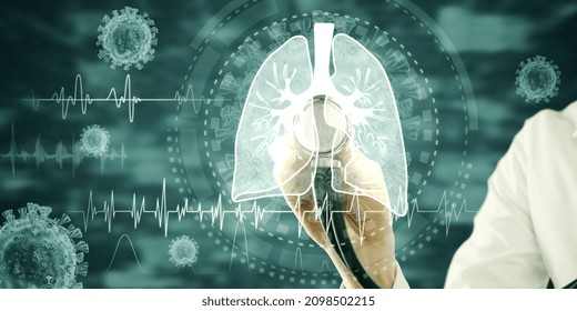 Creative image of medical female worker hand on glowing interface of lungs and virus on blurry background. Medicine, healthcare and pandemic concept. Double exposure - Powered by Shutterstock