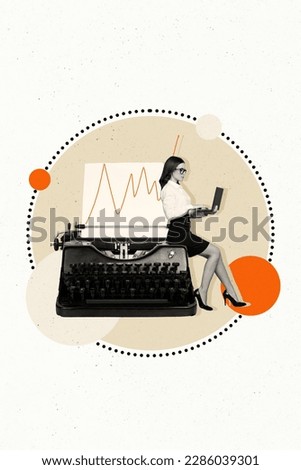 Creative image picture collage of young business lady working on digital netbook writing financial start up research typewriter