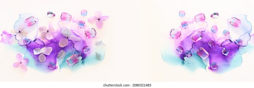 Creative Image Of Pink And Purple Hydrangea Flowers On Artistic Ink Background. Top View With Copy Space