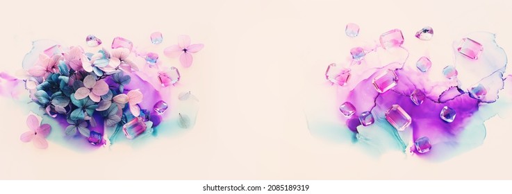 Creative Image Of Pink And Purple Hydrangea Flowers On Artistic Ink Background. Top View With Copy Space