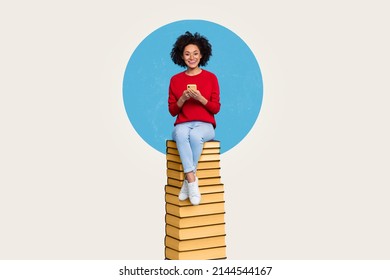 Creative image pop retro style young girl sitting big pile book hold smart phone upload storage data all world knowledge server concept - Shutterstock ID 2144544167