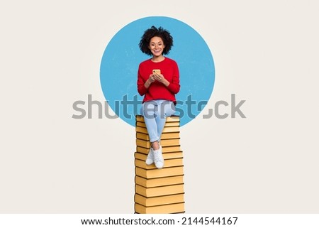Creative image pop retro style young girl sitting big pile book hold smart phone upload storage data all world knowledge server concept
