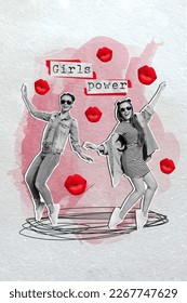 Creative image template collage happy sisters girls power feminism concept dancing support woman rights